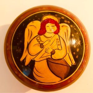 Vintage Round “Angel” Wood Trinket Box, Hand-Painted, Very Good Condition